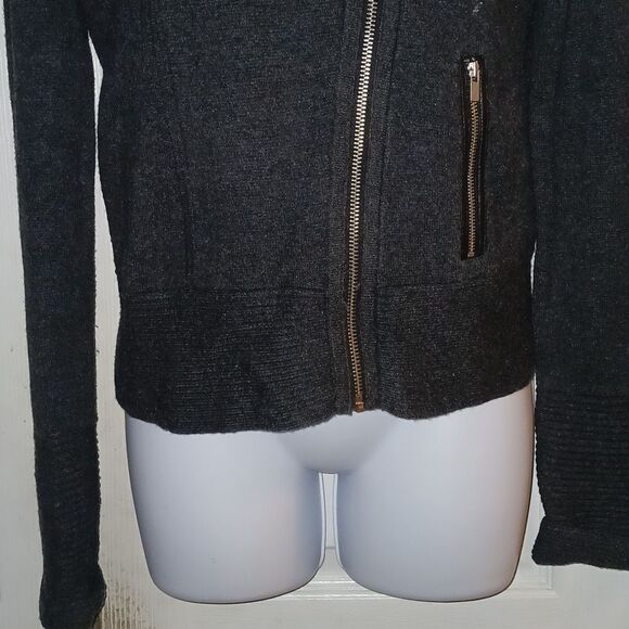 Banana Republic charcoal gray black wool blend leather patch cardigan  Sz M - Picture 2 of 7